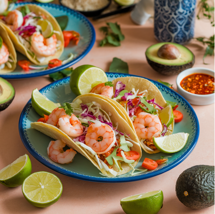 Spicy shrimp tacos, grilled shrimp tacos, shrimp tacos recipe, shrimp tacos with creamy slaw, shrimp tacos with lime crema.