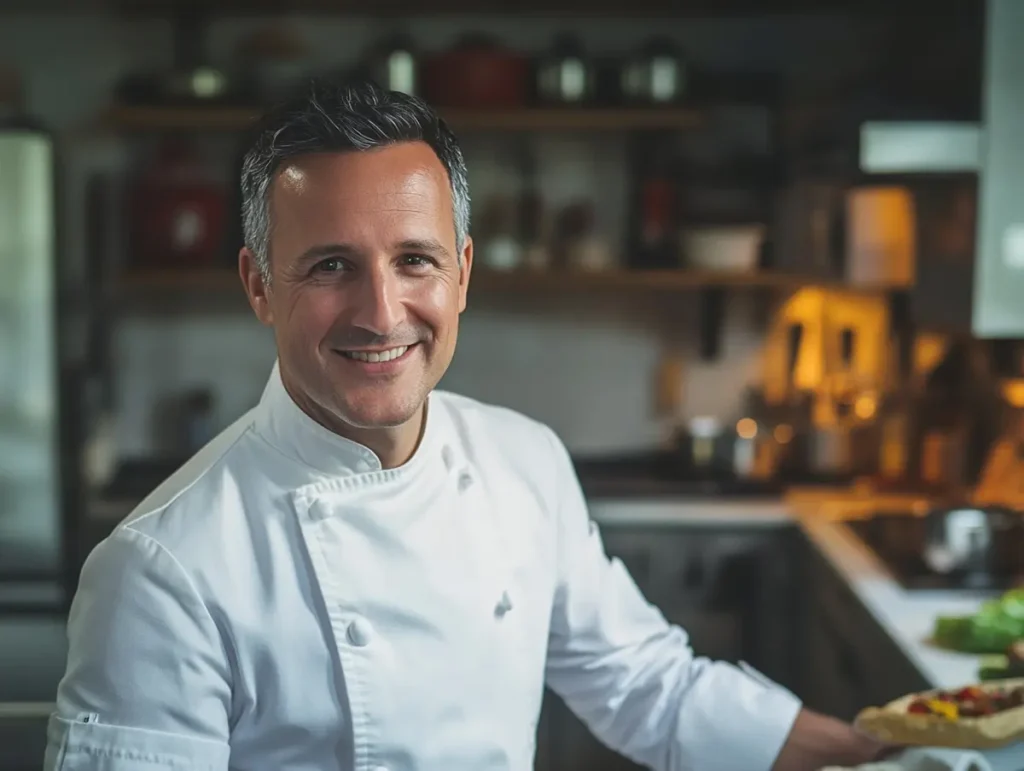 Smiling professional chef in a modern kitchen, wearing a white chef's coat and apron