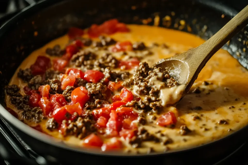 Melted Velveeta cheese mixed with Rotel tomatoes and ground beef in a pan.
