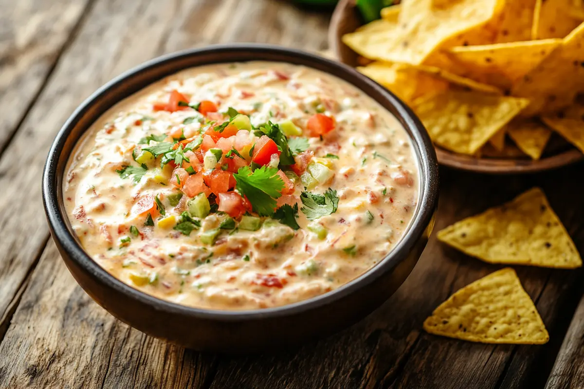 Cheesy Rotel dip served with tortilla chips on a wooden table.