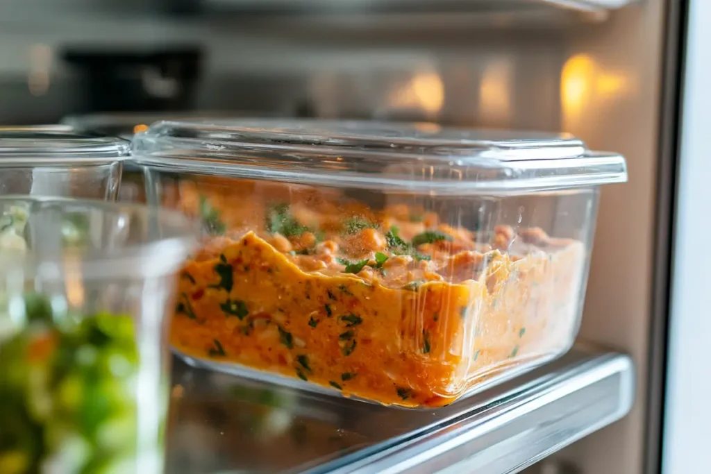 Leftover Rotel dip stored in a glass container inside a refrigerator.
