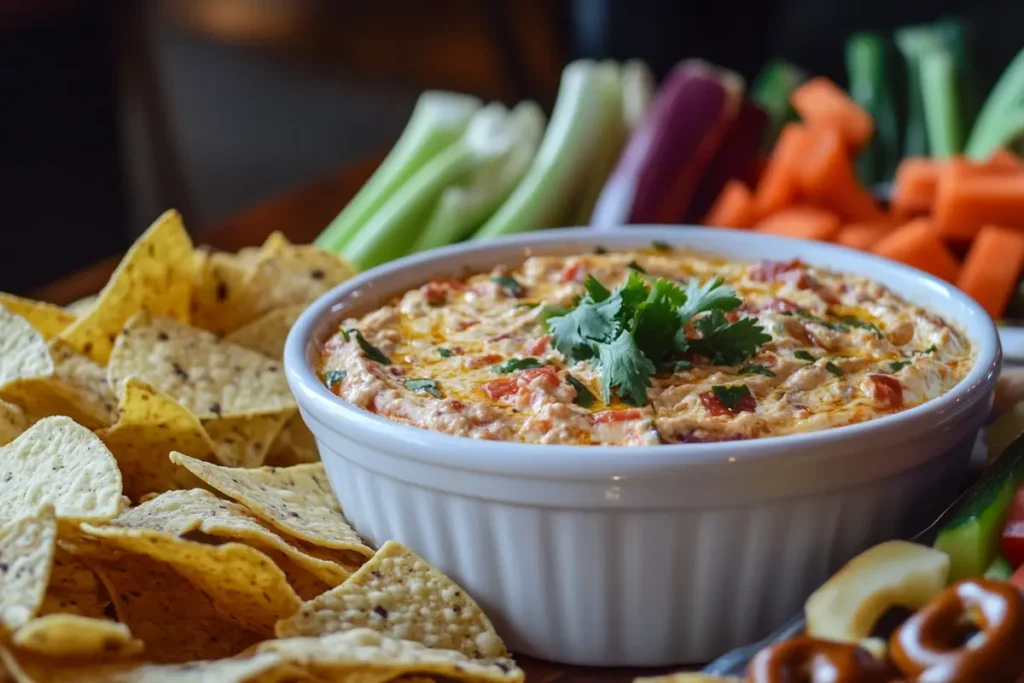 A bowl of Rotel dip surrounded by tortilla chips, veggies, and pretzels.
