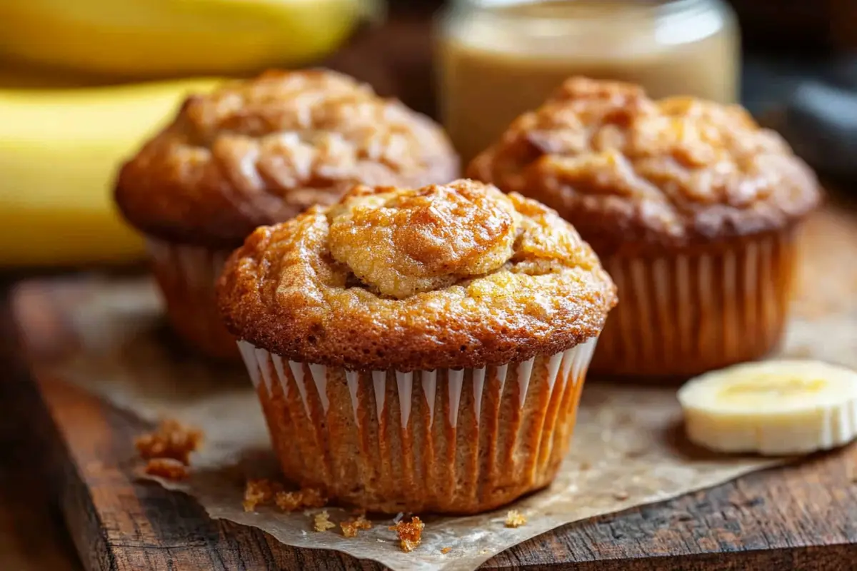 Freshly baked sourdough banana muffins on a rustic wooden table
