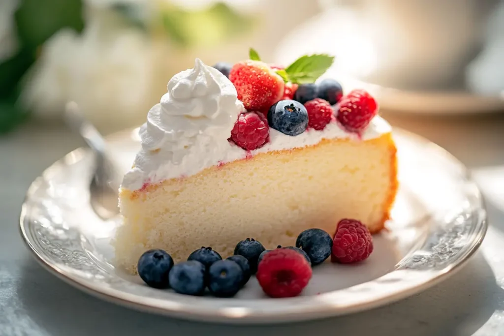 Slice of cloud cake with berries and cream