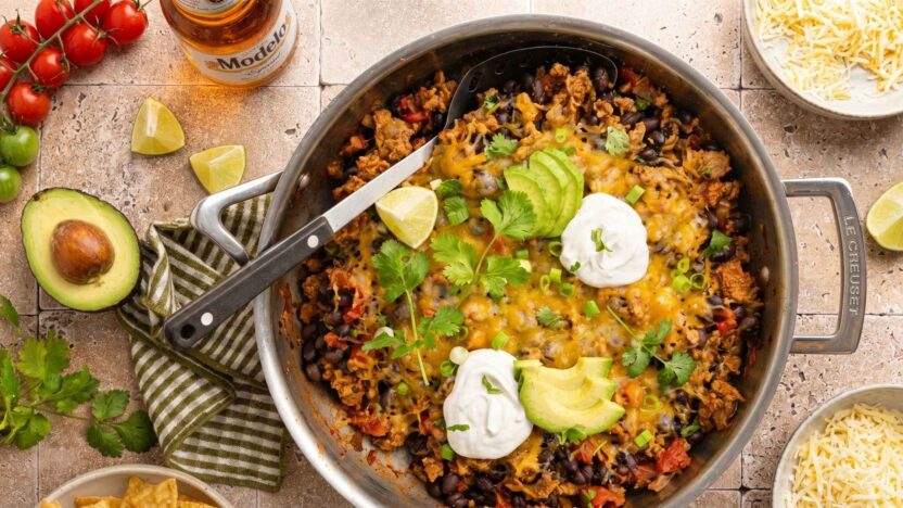 cheesy turkey taco skillet feature image