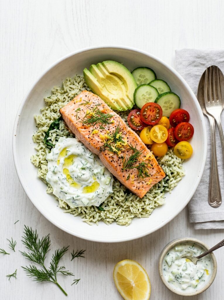 Avocado Tzatziki Salmon Bowl