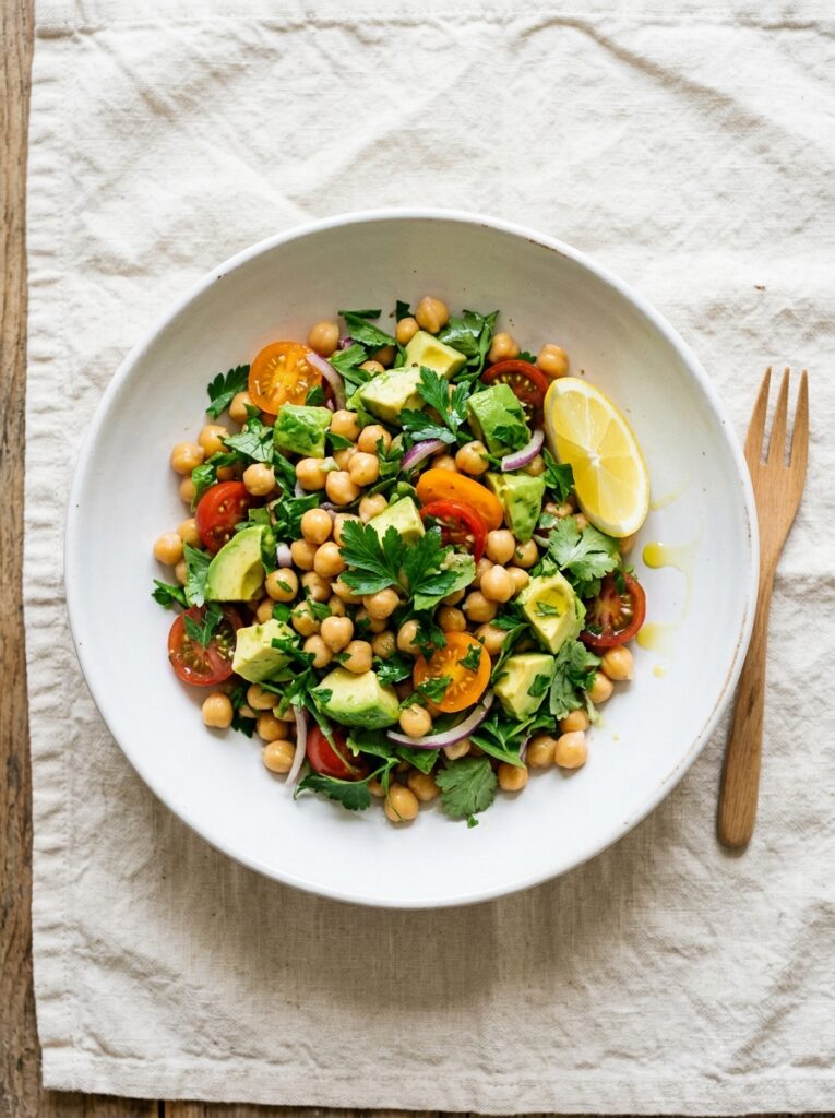 Chickpea avocado salad in bowl