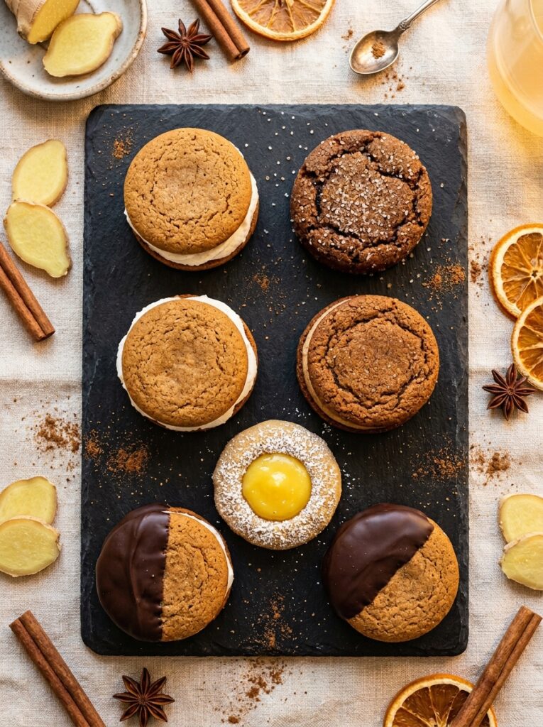 Ginger cream cookies on slate