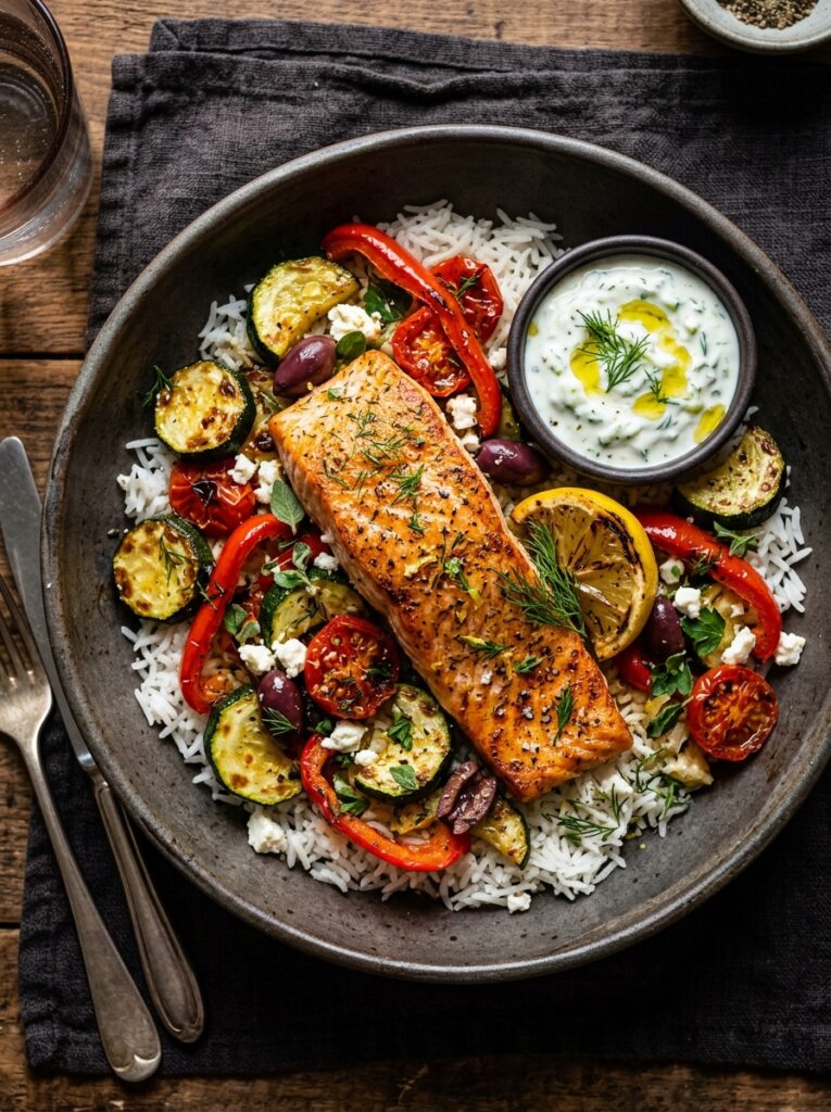 Roasted Veggie Salmon Bowl